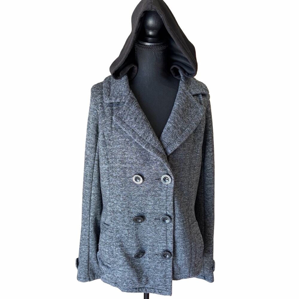 Fox Riders Gray Hooded Peacoat Jacket Women’s XL Double Breasted Moto Gothic